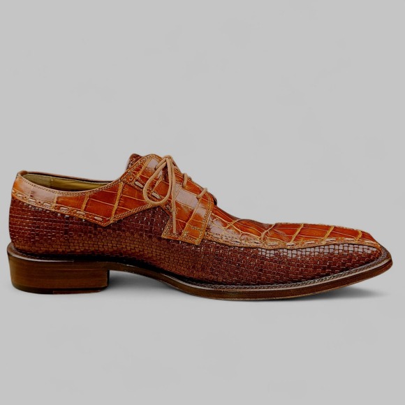 David Eden Leather Dress Shoes 10 Brown Cognac Embossed Croc Print Oxfords Spain - Picture 3 of 13